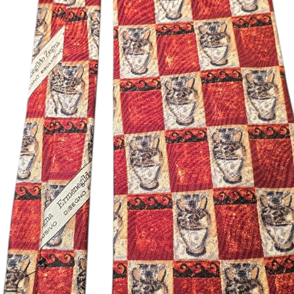 Ermenegildo Zegna 100% Silk Tie Red Gold Check Italian Designer Luxury Necktie